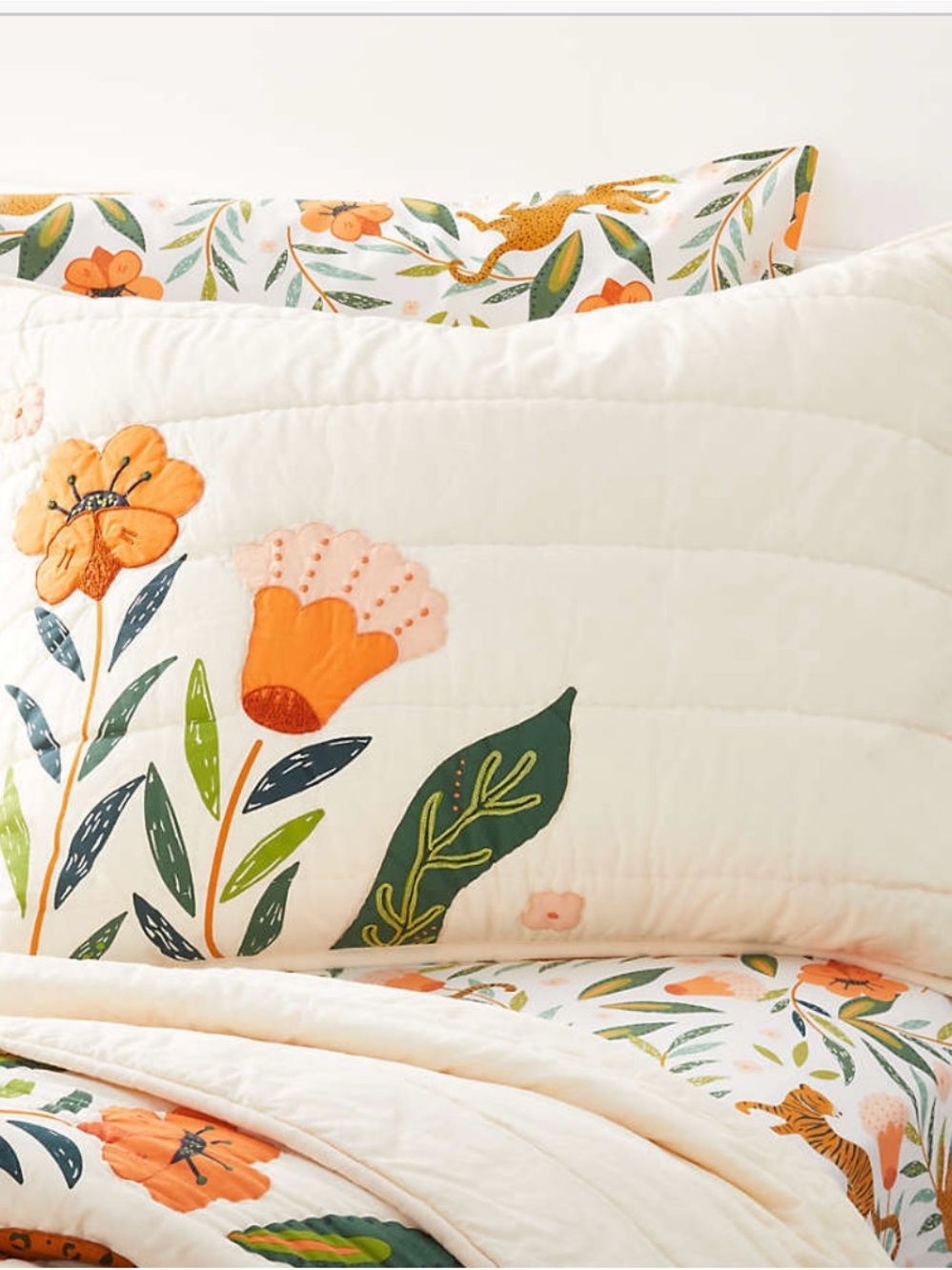 Crate&Barrel Cream Quilted Sham with Orange Floral and Green Leaves